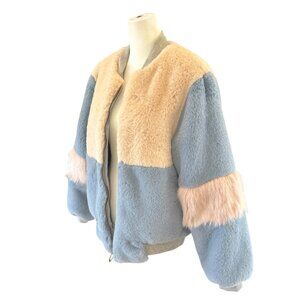 SHACI Colorblock Faux Fur Bomber Jacket in Blue & Blush – Size M
